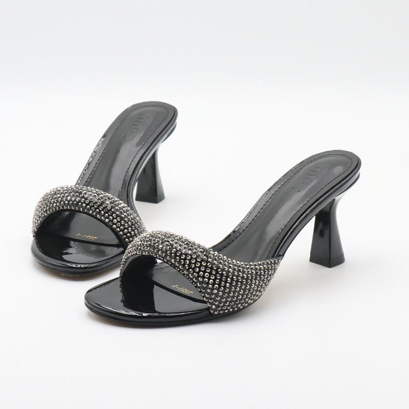 Designer Slippers Rhinestone High Heel Slipper Summer Open Toe Mules Slippers for Women Sexy Slingback High Heel Sandals