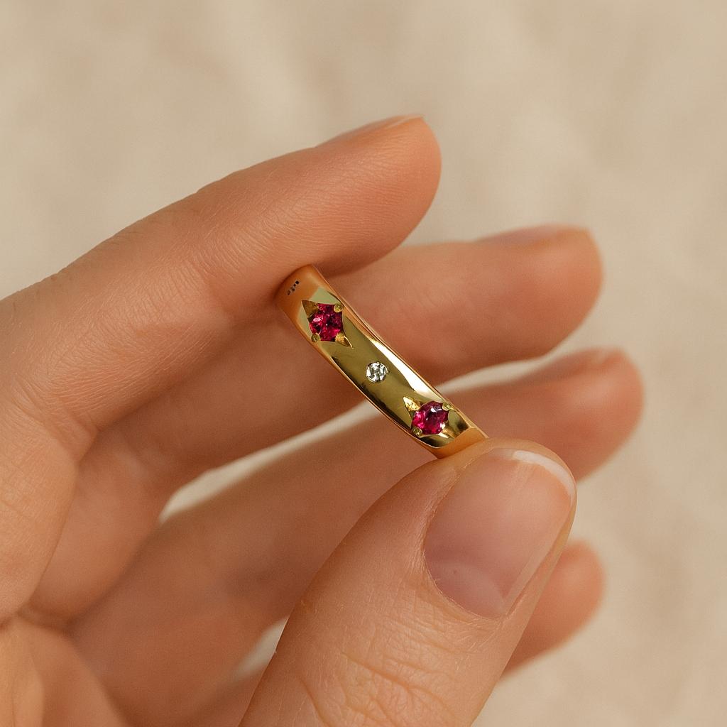 Wedding Engagement Anniversary Promise Gift – Yellow Gold Plated Ruby Wedding Band, Women’s Pave Pink Stone Minimalist Dainty Gold Ring