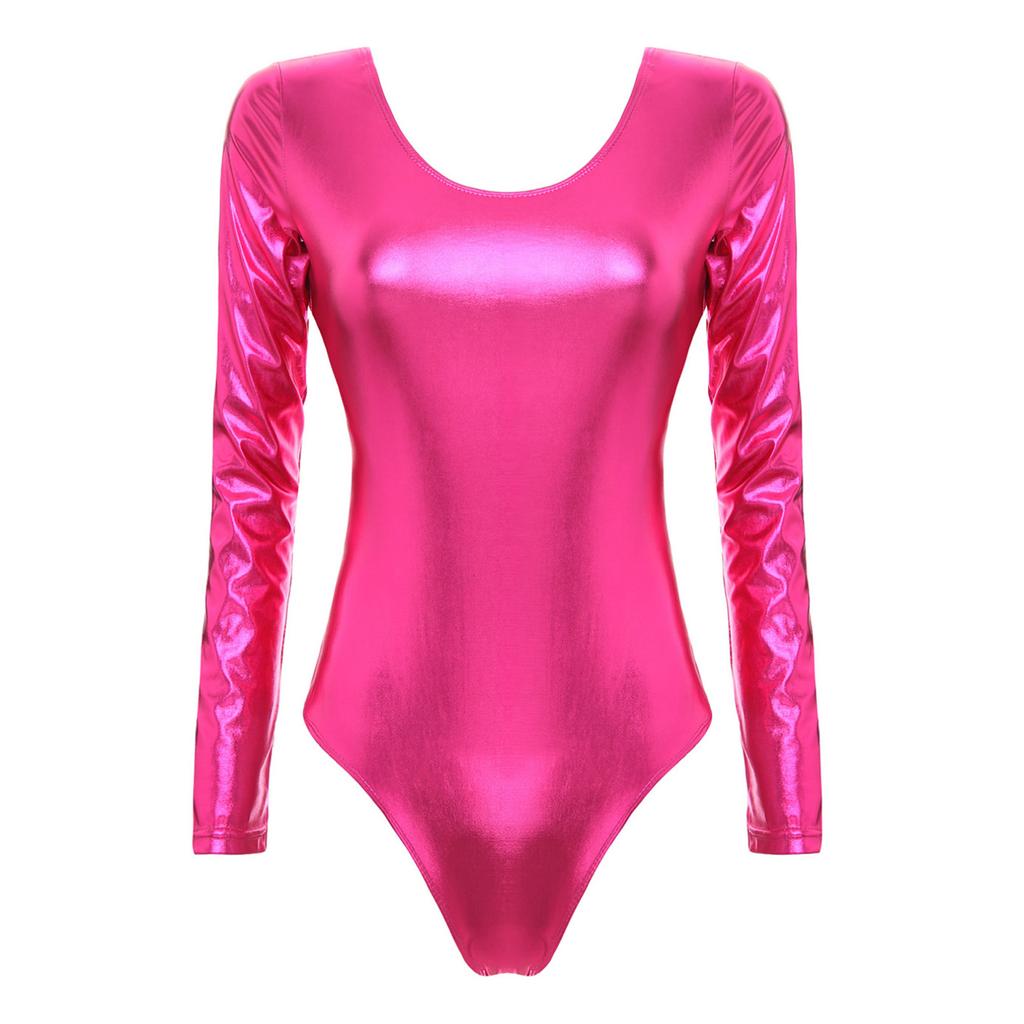 Women One-piece Patent Leather Long Sleeves Leotard Gymnastics Ballet Dance Leotard