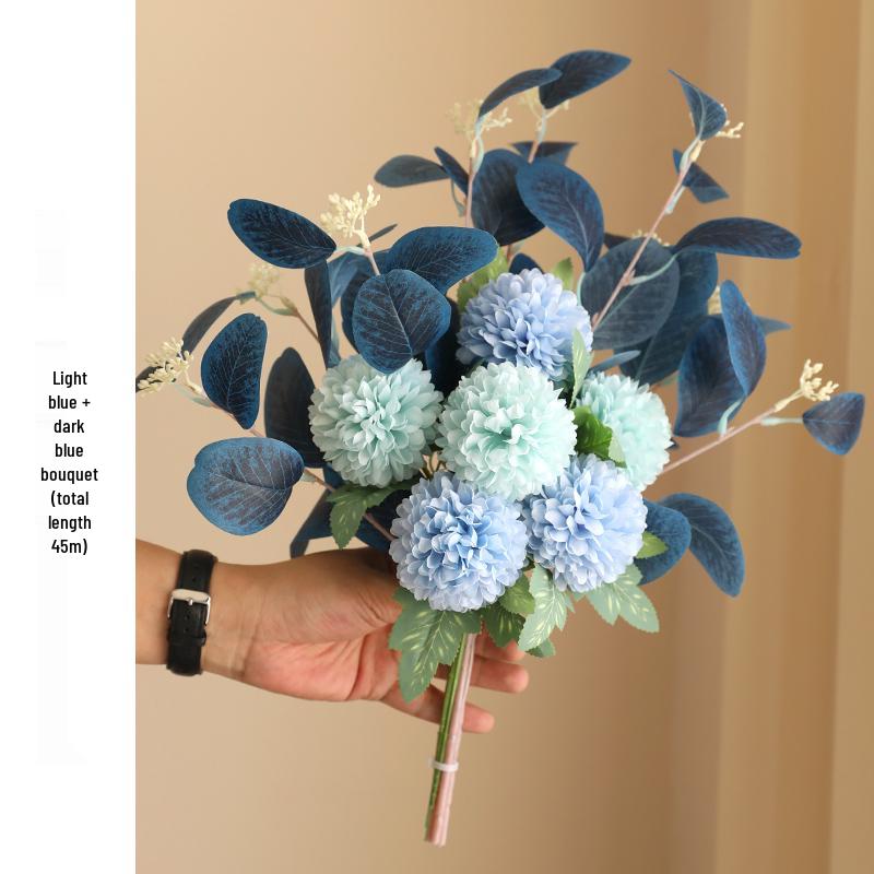 Eucalyptus Ball Chrysanthemum Bouquet in Ceramic Vase - Artificial Dried Flowers for Living Room or Dining Table Decor