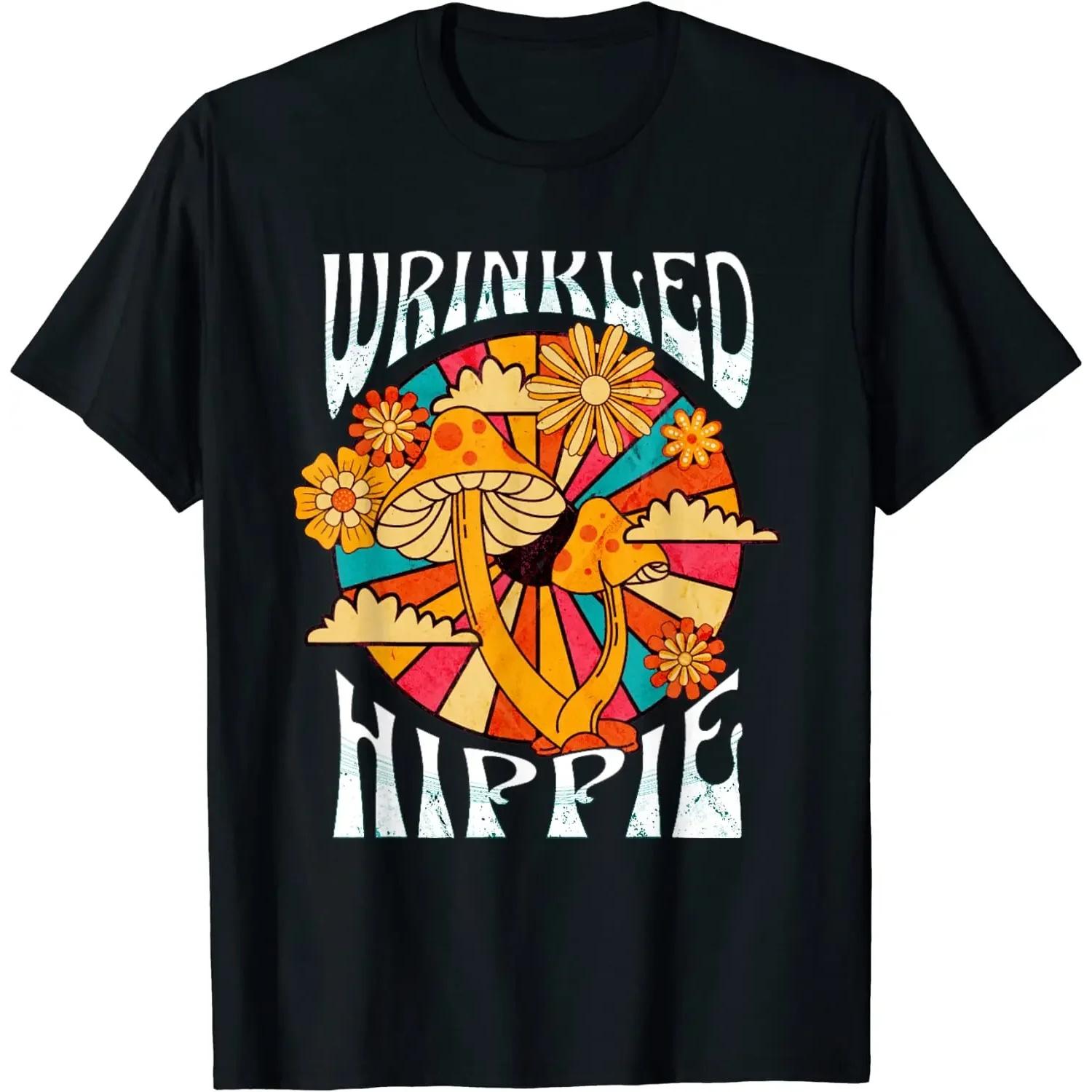 Wrinkled Hippie Retro 60 s 70 s Mushroom Flowers Hippie T Shirt New 100% Cotton Short Sleeve O-Neck T-shirt Casual Mens Top S чёрный