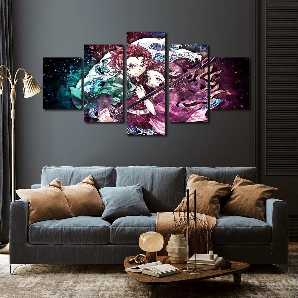 Wall Art Home Decoration Room 5 Pieces Demon Slayer Anime Characters Poster Canvas Painting HD Prints Pictures Framework Modular