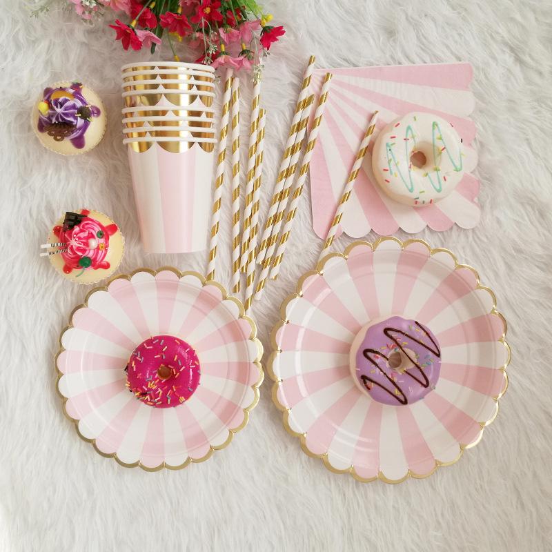 Pink Striped Paper Plate & Cup Set for European/American Afternoon Tea