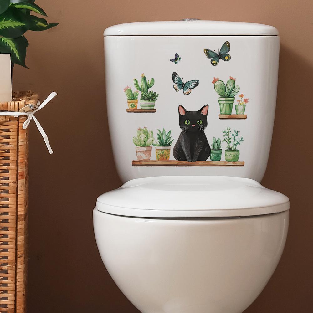 Grünpflanzen im Topf Schwarze Katze Toilette Badezimmer Toilette Heimverschönerung Dekoration Aufkleber