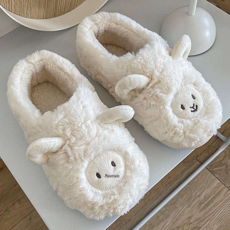 Plush Cartoon Lamb Heart Slippers for Couples - Cozy Indoor Winter Footwear for Women & Men