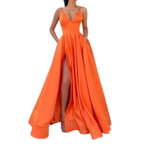 Lady Dress Side Slit A-Line Satin Sleeveless Spaghetti Straps Banquet Dress for Parties