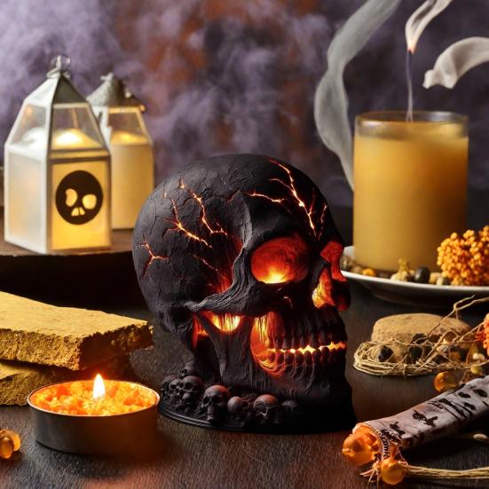 Skalle Bordlampe Gotisk Magma Skallelampe Skummel LED Menneskeskalle Bordlys for Halloweenfest Manteldekorasjon