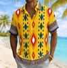 Men's Ethnic Diamond Geometric Print Short Sleeve Shirt, Spring Summer Casual Vacation Turn-Down Collar Blouse, Loose Fit Top