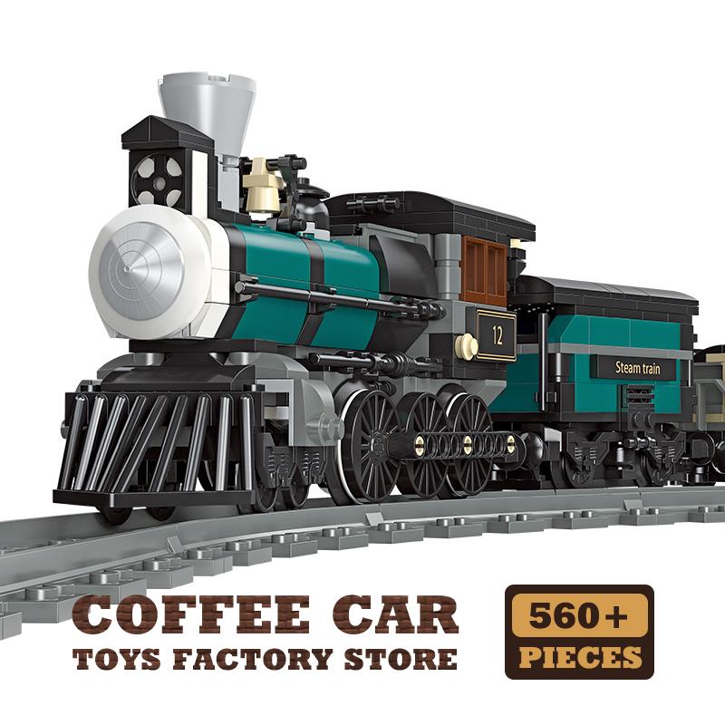 

Retro Train Building Blocks Set MOC City Railway Locomotive Bricks Creative Model Tracks Rail Cars Toys Adult Children Gifts DIY