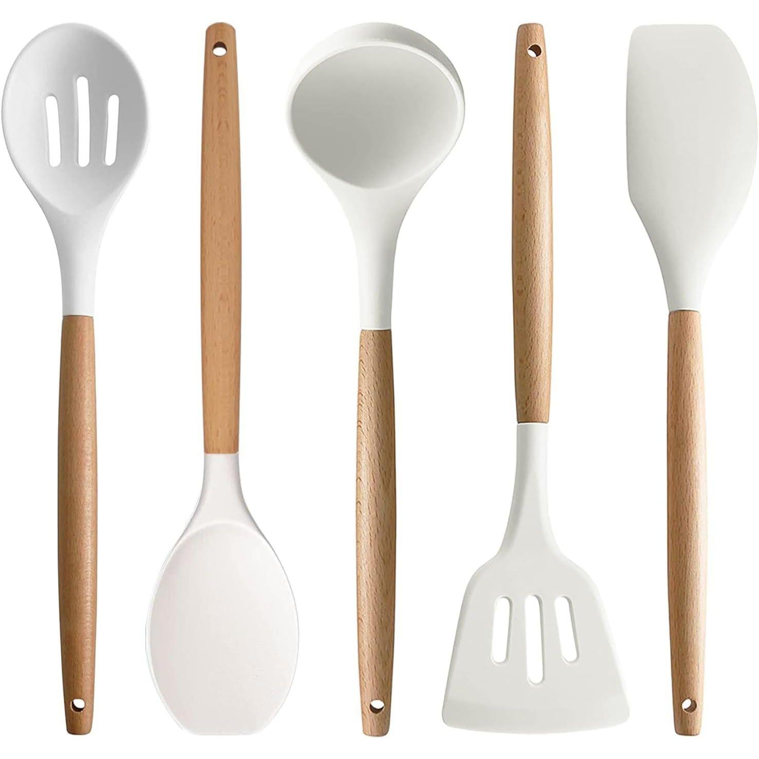 

Силиконовый кухонный набор, 5 предметов, антипригарная кухонная утварь с деревянными ручками, термостойкий, кремовый