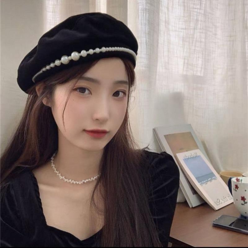 Beretă cu perle pălărie de modă versatilă pentru femei toamnă și iarnă pălărie de pictor tendință retro pălărie boboc sens înalt