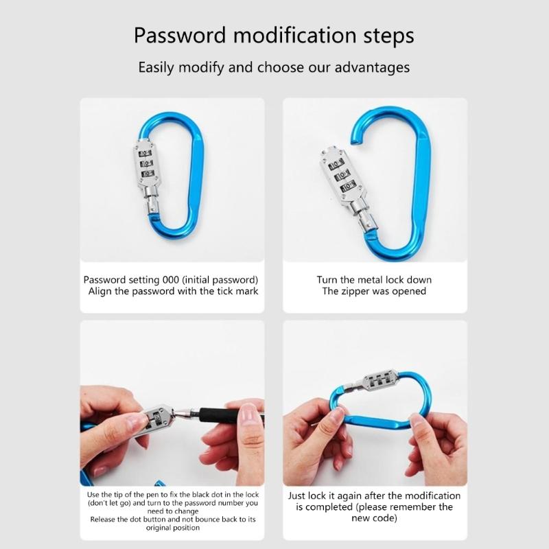 Padlocks for Luggage Aluminum Alloy Locks 3 Dial Digit Resettable Lock Carabiner