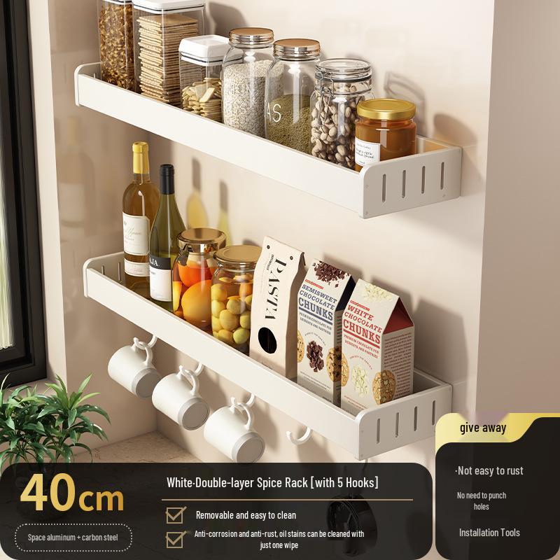 White Wall-Mounted Kitchen Rack: No-Drill Seasoning, Knife, and Chopsticks Organizer