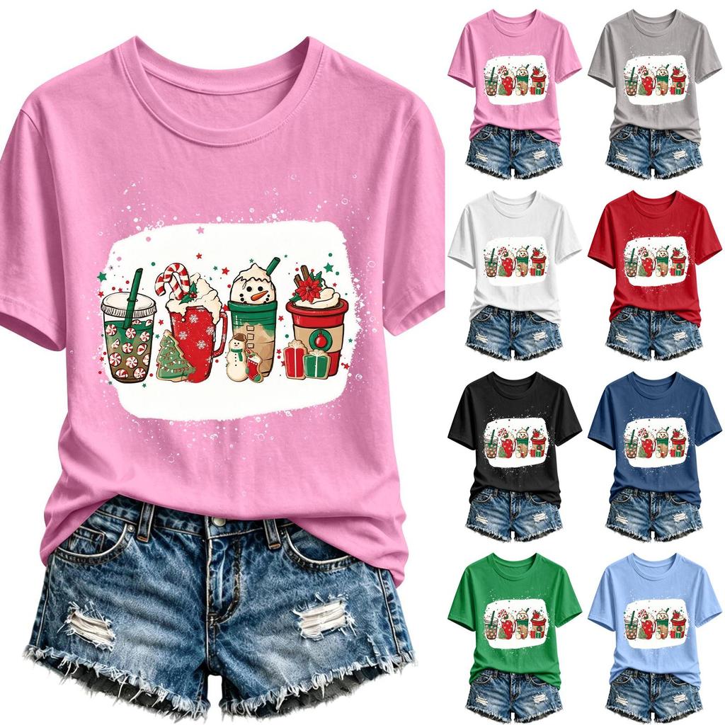 Women's Casual Christmas Print Short Sleeve T-Shirt Festive Holiday Graphic Tee Top