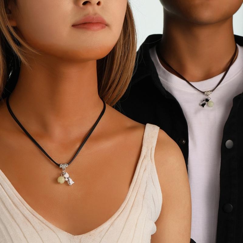2pcs Heart Cross Cat Pendant Necklace Couple Black Rope Choker Necklace Jewelry