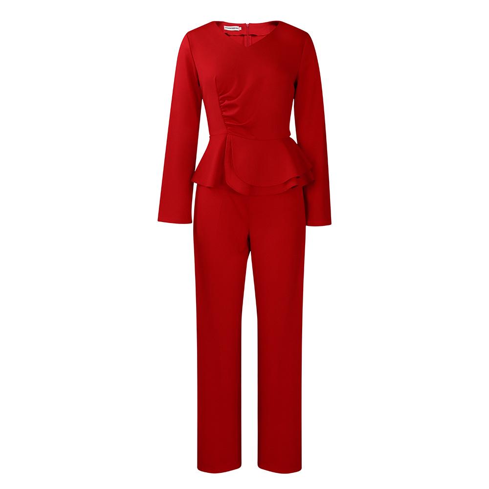 Autumn/Winter OL Ruffled V-Neck Top & Pants European-American Two-Piece Suit