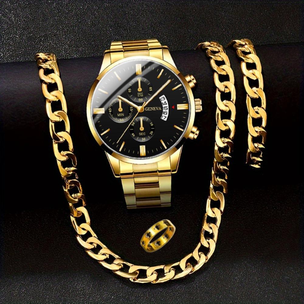 Genevn Watch 4-Piece Set Men S Steel Strap Watch Quartz Watch Fashion Set
