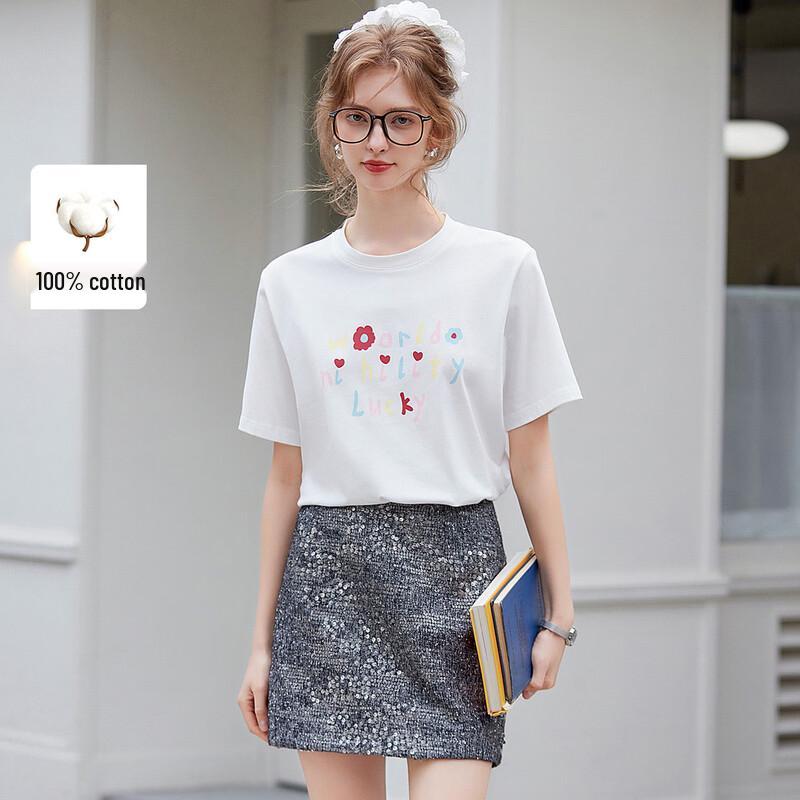 Bailuyu Women s Cotton Letter Print Short Sleeve T-Shirt L