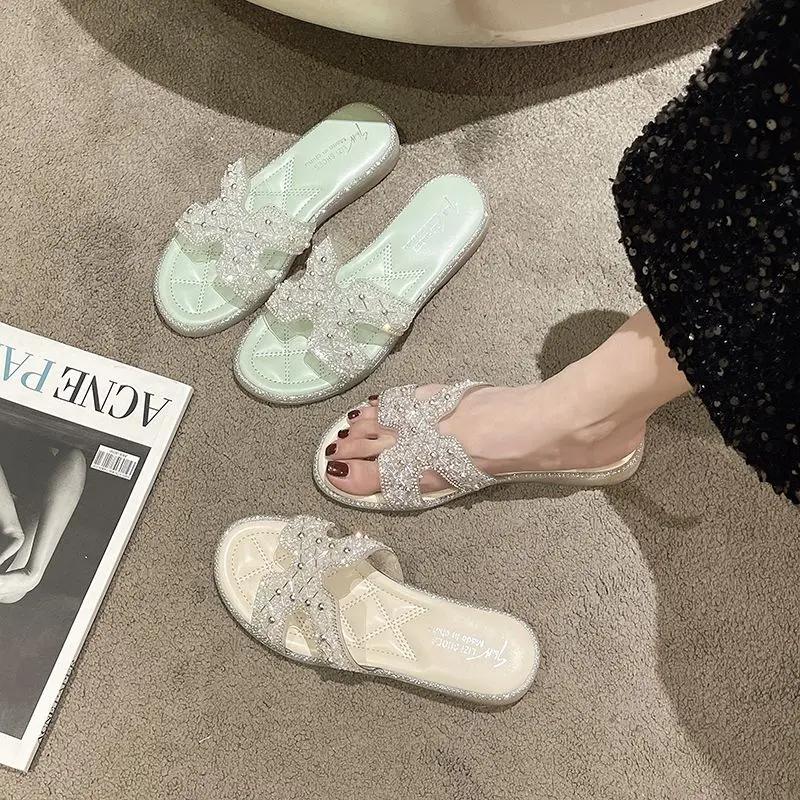 Fashion Rhinestone Soft Women's Slippers and Ladies Sandals H Sandal Small Size Shoes Summer Shoe Sale Chic Elegant High Quality Slides