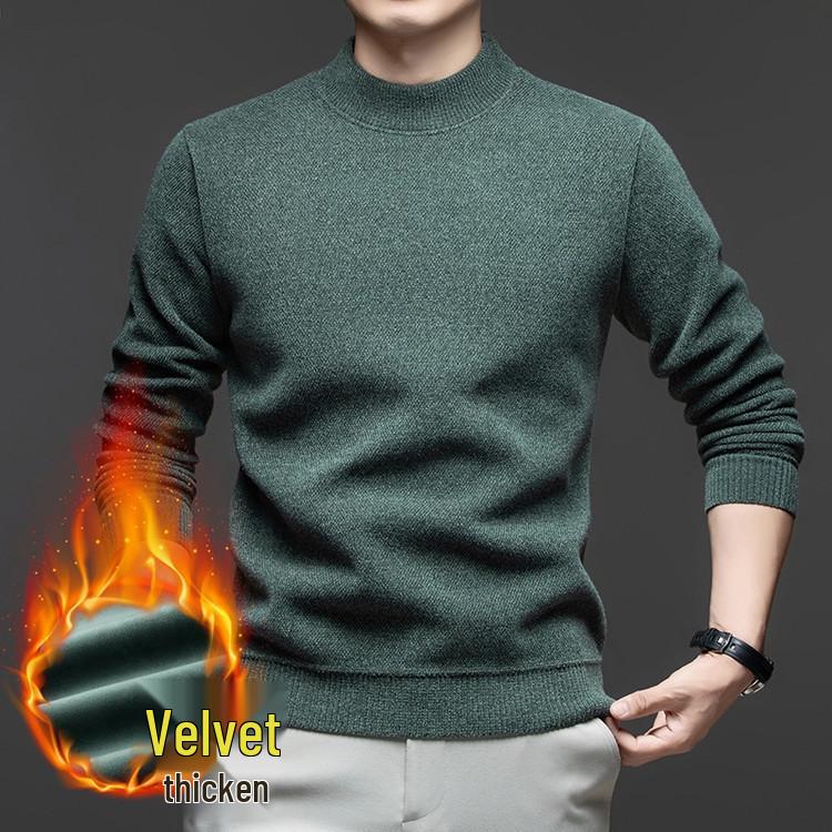 

Men s Autumn/Winter Chenille Knit Half-High Neck Velvet-Enhanced Base Layer Sweater 4XL зелений