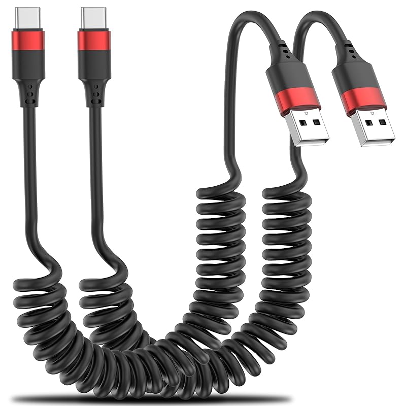 Coiled USB C Cable for Car, 2 Pack Type C Coiled Cable Fast Charging, USB to USBC Coiled Cable, USB C Car Charger Cord for iPhone 17 16 15, Samsung 3 FT