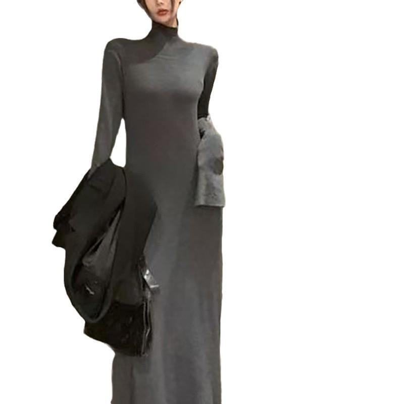 Women's French Style High-Neck Slim-Fit Dress: Mid-Length Hip-Wrap Skirt Design