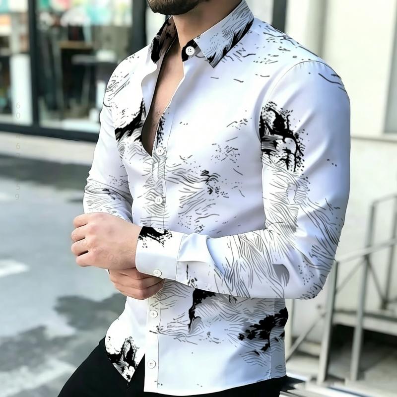 Men's Shirt Personalized Printed Long Sleeve Shirt Black Brown Contrasting Design Sense Shirt Street Trendy Men's Wear