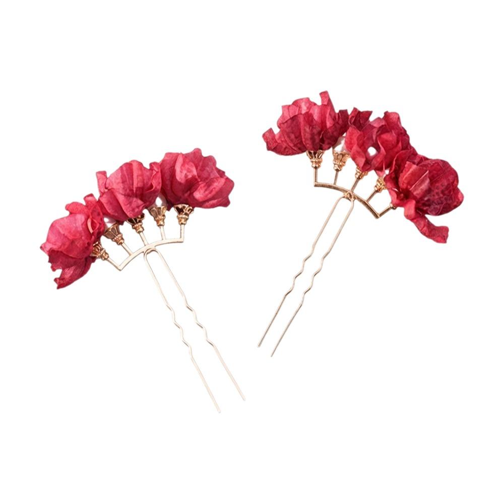 1Pairs Chinese Style Red Flower Hairpin Super Fairy Wedding Bridal Hair Ornament Vintage Red Fabric Flower Hair Clips красный