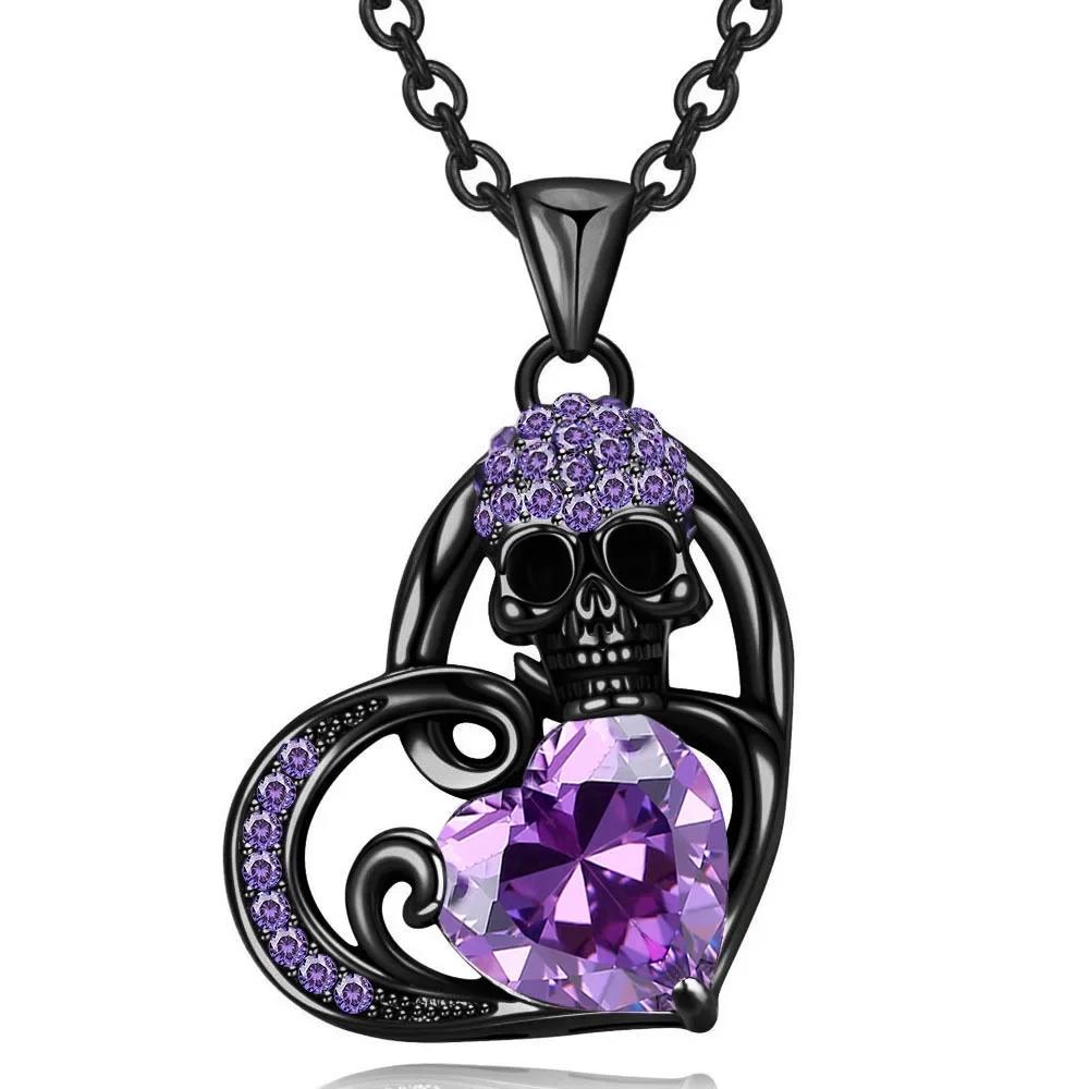 Heart Purple Red Angel Wing Crystal Zircon Women's Skull Black Pendant Necklaces Mother's Day Halloween Christmas Jewelry