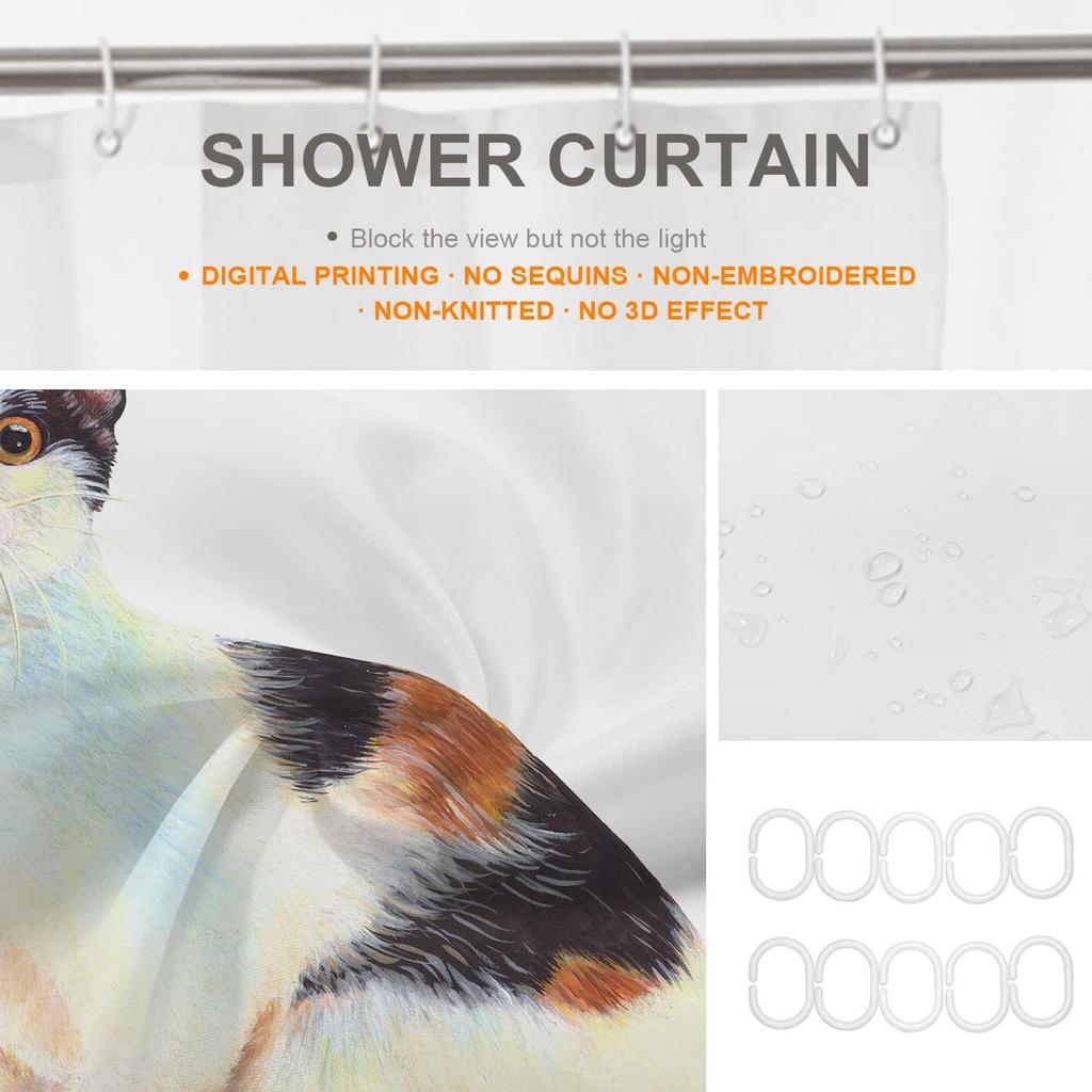 Beige White Animal Cat Decor Shower Curtain, Polyester Shower Curtain For Shower Stall Bathroom Waterproof With 10 Hooks