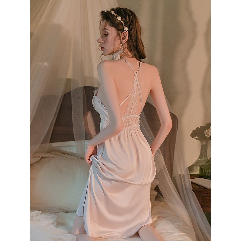 [Gentle Sweet Peach] French Style Purple Sling Nightdress Long Ankle Long Dress Split Ice Silk Pajamas With Chest Pad Women
