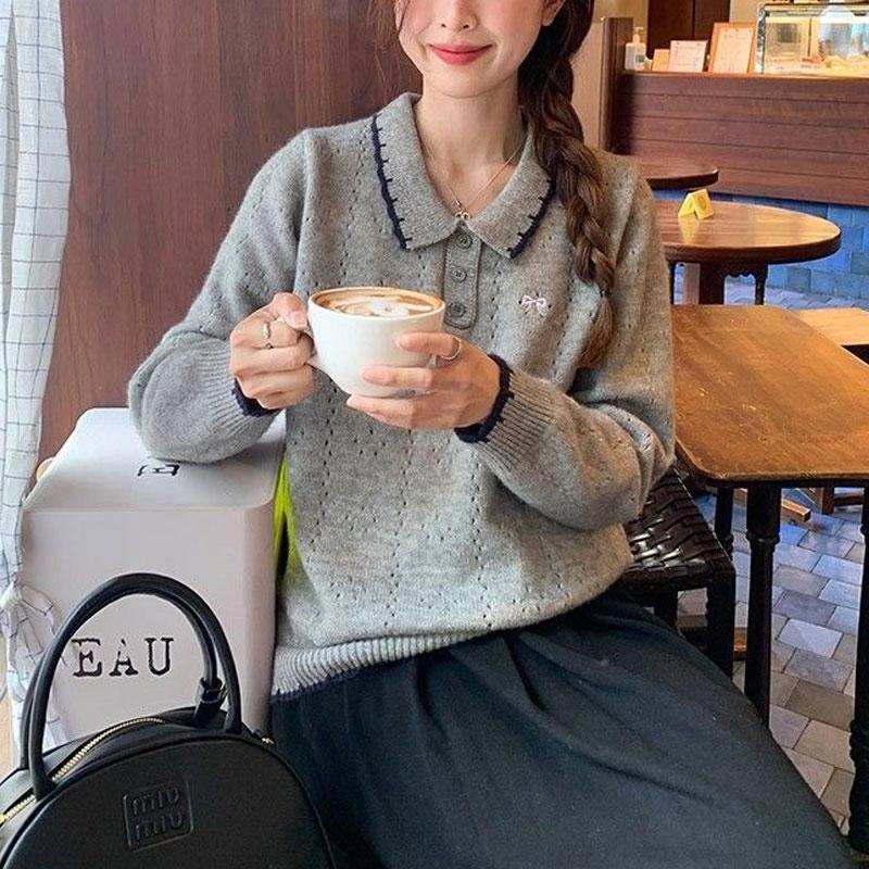 

Women s Clothing Fashion Embroidery Pullovers Knitted Korean Spliced Autumn Winter Turn-down Collar Button Casual Loose Sweaters S сірий колір