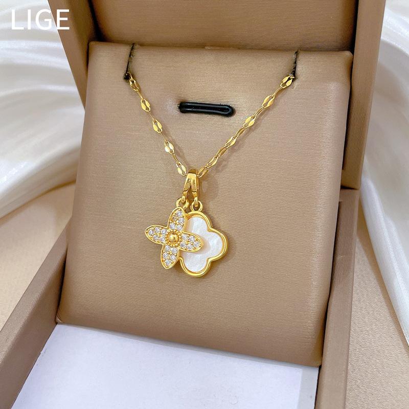 Double-Layer Flower Luxury Banquet Wedding Necklace Women'S Versatile Collarbone Chain Titanium Steel Chain