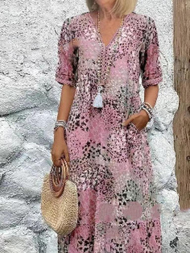 Modna Nowa Sukienka z Kwiatowym Wzorem i Wykończeniem, Dekoltem V, Krótkim Rękawem