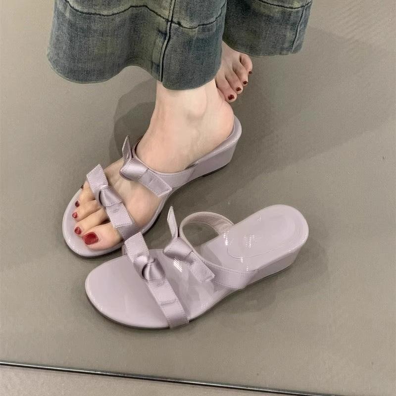 French word with wedge sandals women's summer wear 2025 new gentle evening breeze bow with skirt cool slippers