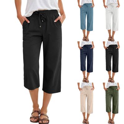 Capris Pants For Women Summer Casual Loose Drawstring Elastic High Waist Straight Beach Cropped Trousers