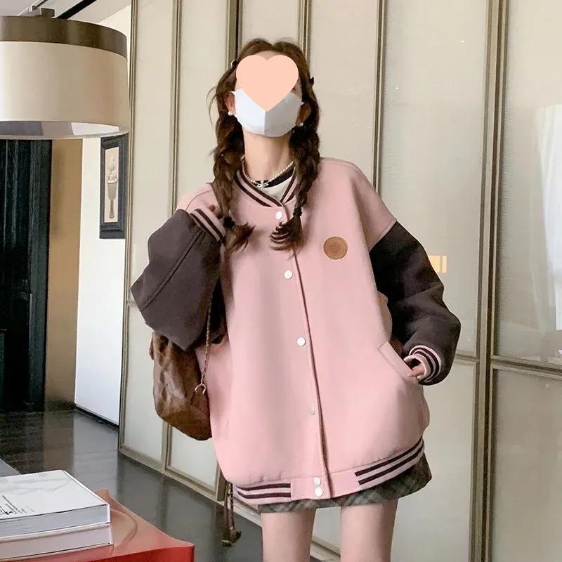 

Women s Pink Retro College-Style Baseball Jacket: Spring/Autumn 2024 Patchwork Casual Outerwear Top S