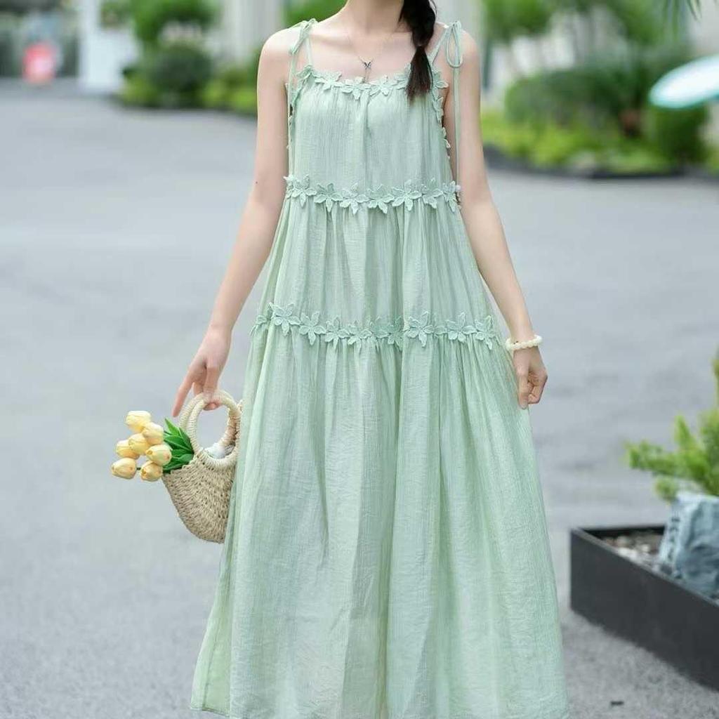 Spring 2026 French Holiday 3D Floral Tiered Camisole Dress for Women