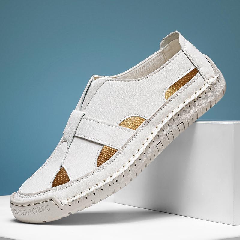 

Fashion Fashion High Quality Handmade Summer Leather Sandals Men Breathable Hollow Out Shoe Outdoor Soft Sole Men Antiskid Beach Sandals 36 бежевий