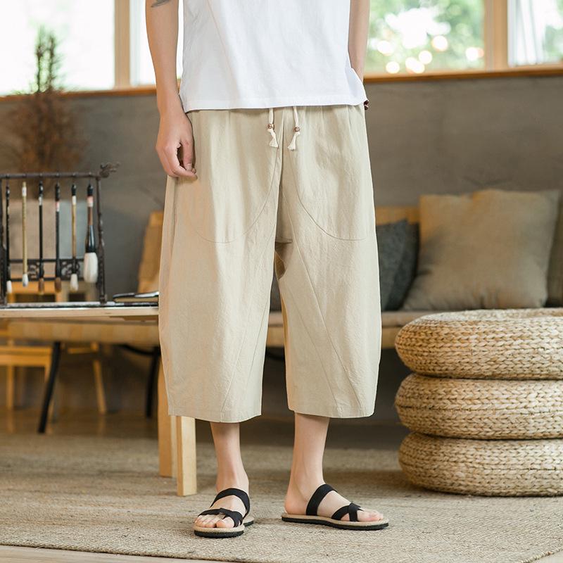 Men's Cropped Chinese Style Linen Shorts - Summer Wide-Leg 7-Point Casual Trousers