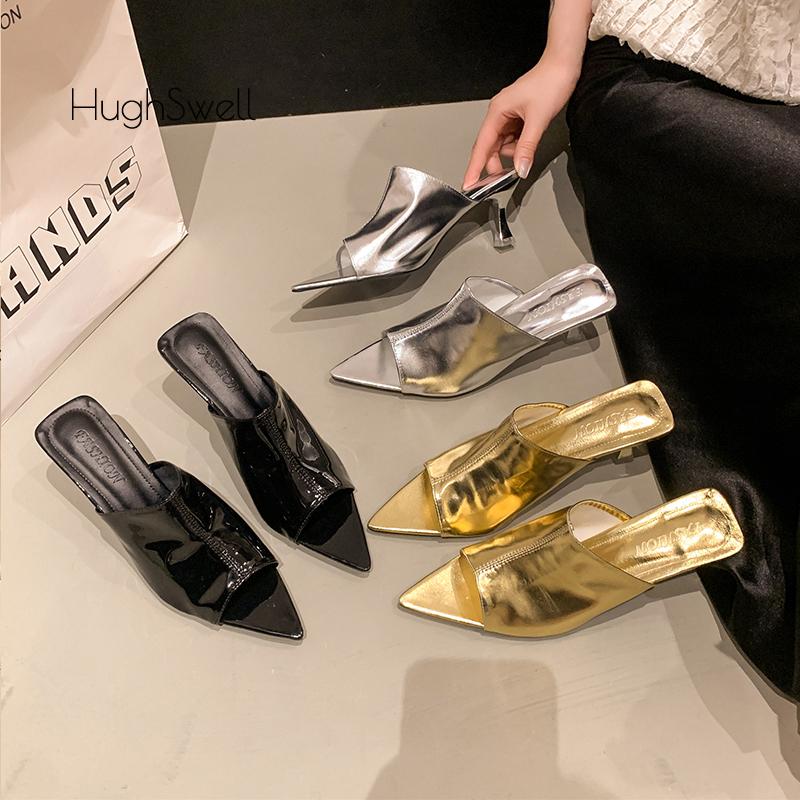 Fashion Luxury Gold Silver Pointed Peep Toe Slide Slippers Woman Thin Low Heel Prom Party Pump Shoes Ladies Patent Leather Designer Mule