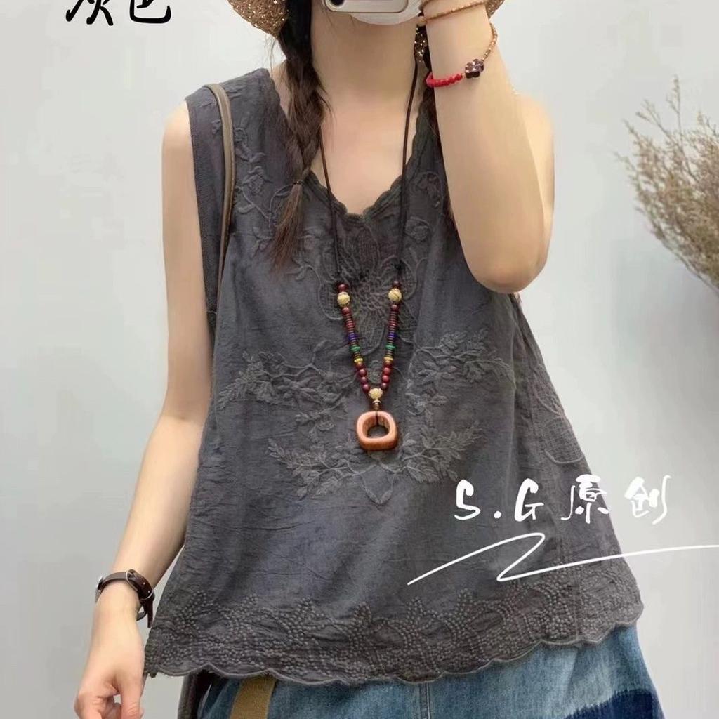 Spring and summer new pure cotton heavy industry embroidery embroidery pullover vest women's loose and thin literary suspender top