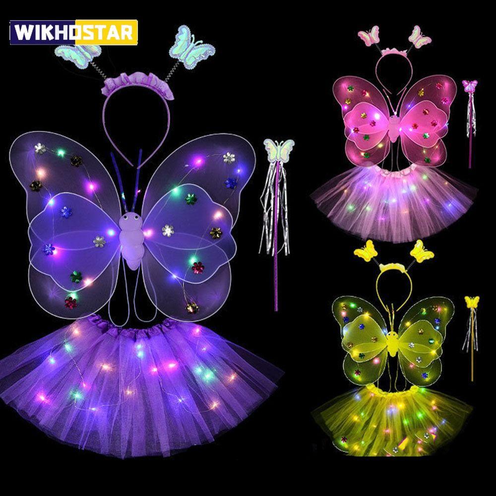 LED Children Costume Props Girls Skirts Angel Luminous Wings Flashing Butterfly Skirt Lights Suit 2-8year Easter Valentines Day