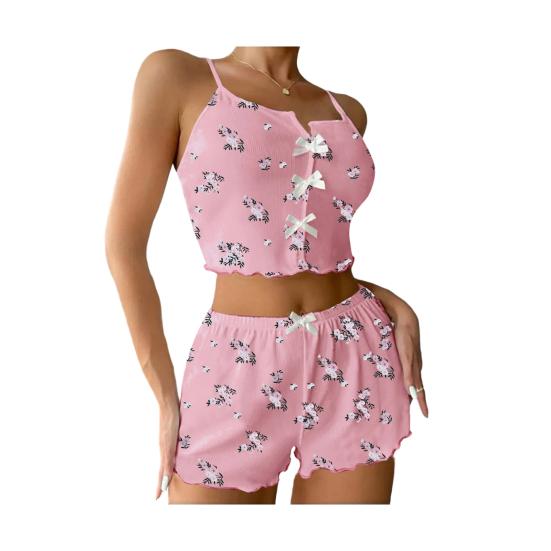 Damen-Pyjama-Set Gerippt Floral Rüschen 2-teilig Nachtwäsche Crop Cami Top und Shorts Weiche Pyjamas Loungewear Set
