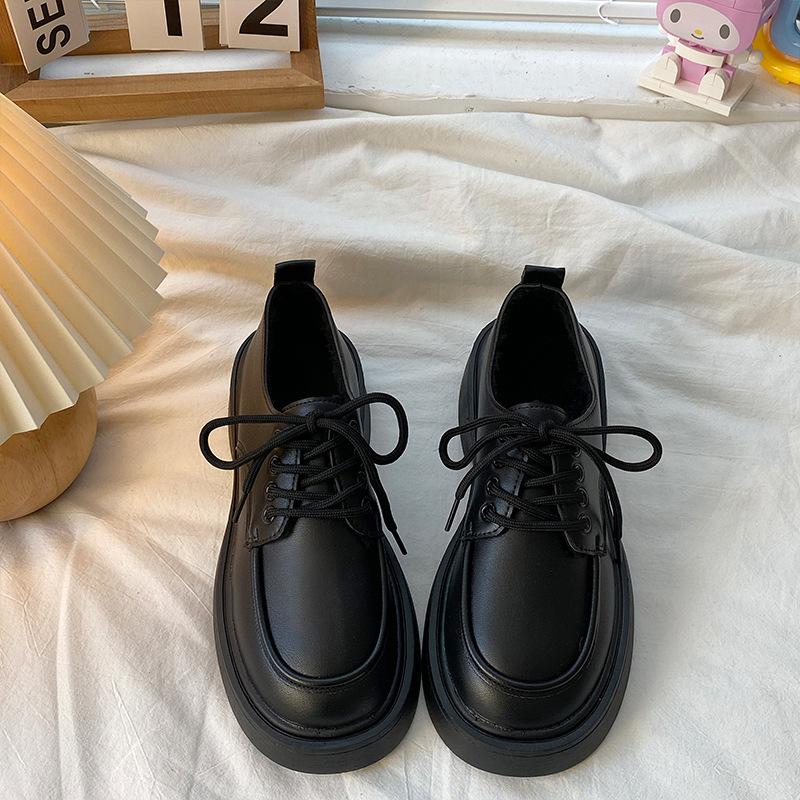 With Skirts, Small Leather Shoes, Women's Spring and Autumn New Retro Student Versatile Lace-up Thick-soled Height-increasing Single Shoes