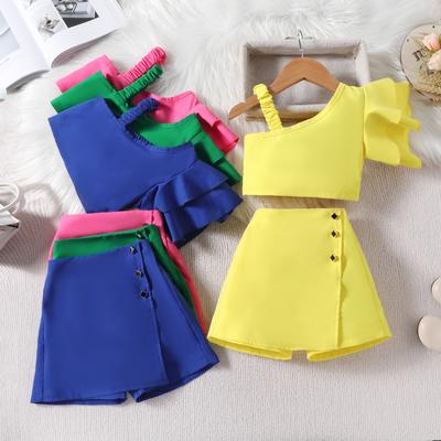Sommer Mädchen Hemd Anzüge Einfarbig Kinder Kleidung Schräge Schulter Riemen Einseitige Spitze Sleeve Top + Culottes 2 stücke Set