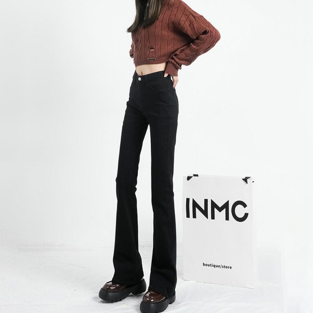 Personalized Versatile High-waisted Flared Jeans Women's Spring and Autumn New Slim-fitting and Thin Simple Fashion Micro-pull Pants