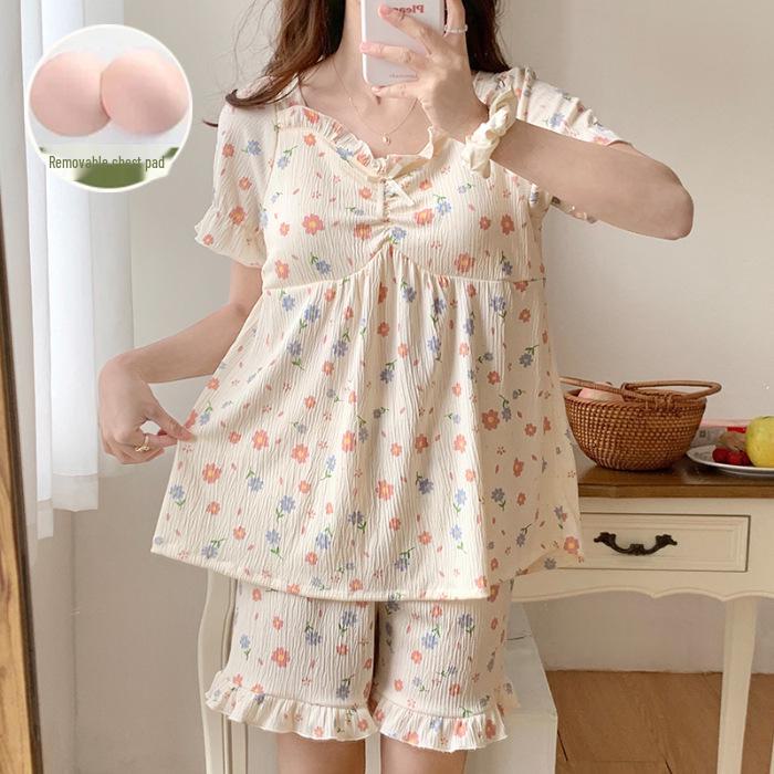 "Women's Summer Pajama Set with Chest Pads: Wrinkle-Resistant, Short Sleeves, Korean-Style, Sweet & Cute"