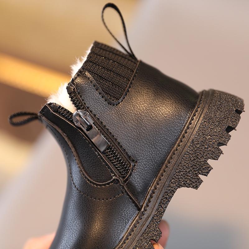 Boys Girls Winter Inside Padded Velvet Warm Boots British Style Non-Slip Snow Shoes Side Zipper Design Short Boots Leather Boots