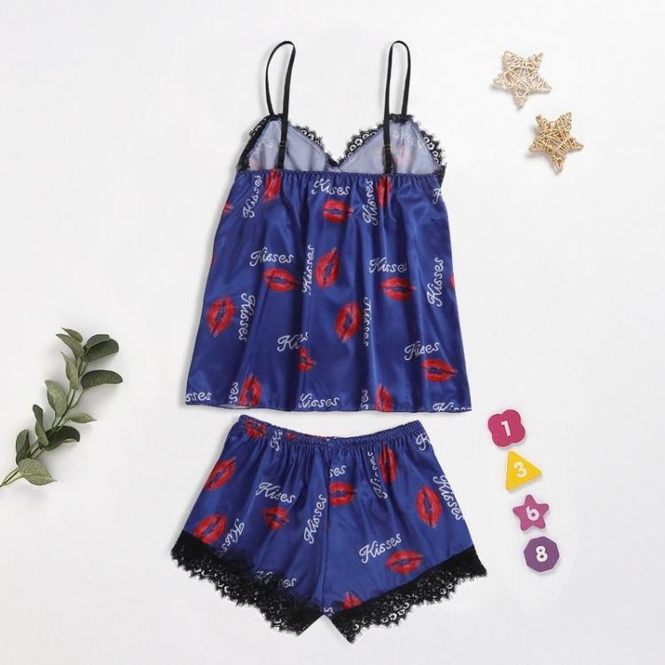 Women Sexy Polka Dot Printed Letter Sleepwear Set V Neck Sling Vest Shorts Casual Loungewear
